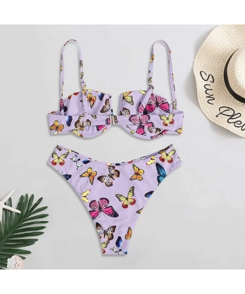 Sets Brazilian Bikini Swimsuits for Women Camouflage Drawstring Lace Up Tops with Swim Thongs Beach Push Up Sexy Zd purple - ...