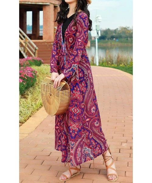 Cover-Ups Women's Boho 3/4 Sleeves Oversize Chiffon Kimono Cardigan Beach Cover up Maxi(OneSize S-XL) - Style 7 - CF198AONSSG