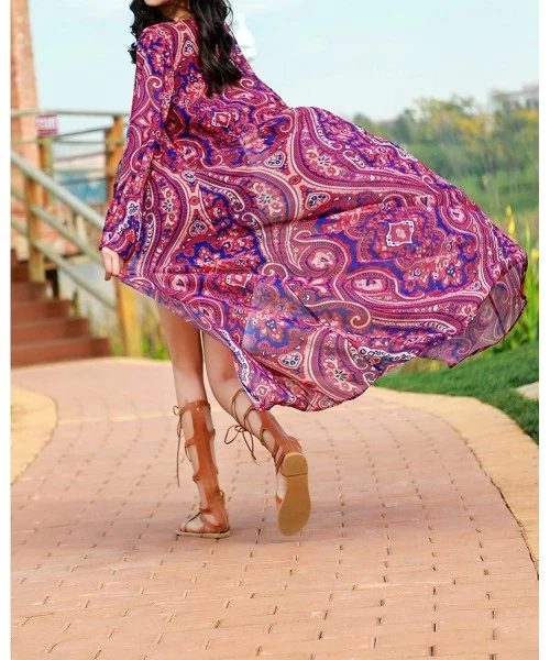 Cover-Ups Women's Boho 3/4 Sleeves Oversize Chiffon Kimono Cardigan Beach Cover up Maxi(OneSize S-XL) - Style 7 - CF198AONSSG