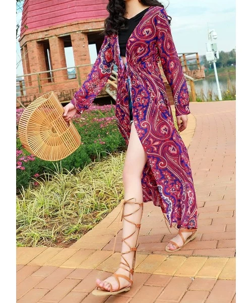 Cover-Ups Women's Boho 3/4 Sleeves Oversize Chiffon Kimono Cardigan Beach Cover up Maxi(OneSize S-XL) - Style 7 - CF198AONSSG