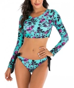 Rash Guards Women's Athletic Swimsuit Long Sleeve Rash Guard Swimming Bathing Suit Swimwear - Blue Floral - CN1945XDQD9