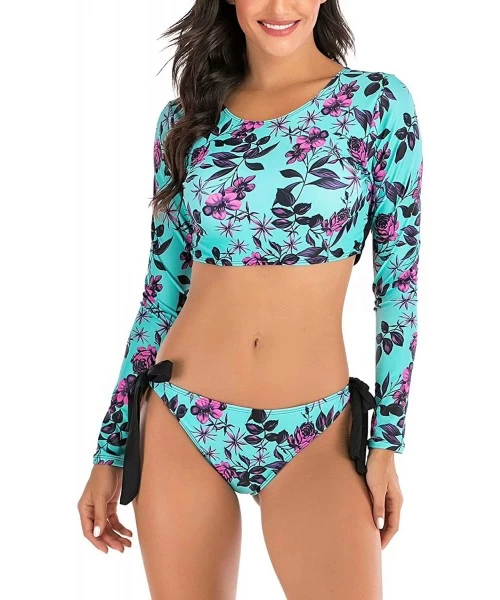 Rash Guards Women's Athletic Swimsuit Long Sleeve Rash Guard Swimming Bathing Suit Swimwear - Blue Floral - CN1945XDQD9