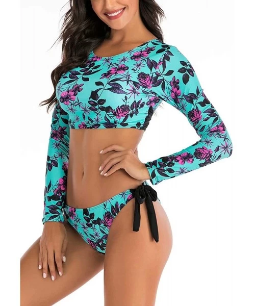 Rash Guards Women's Athletic Swimsuit Long Sleeve Rash Guard Swimming Bathing Suit Swimwear - Blue Floral - CN1945XDQD9