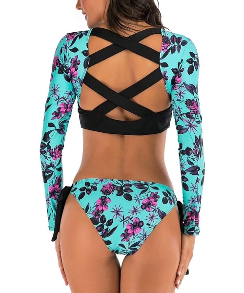 Rash Guards Women's Athletic Swimsuit Long Sleeve Rash Guard Swimming Bathing Suit Swimwear - Blue Floral - CN1945XDQD9