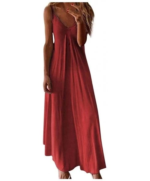 Cover-Ups Loose Plain Maxi Dresses Women's Short Sleeve Casual Long Dresses with Pockets - 1-red - CJ19DYMDKZL