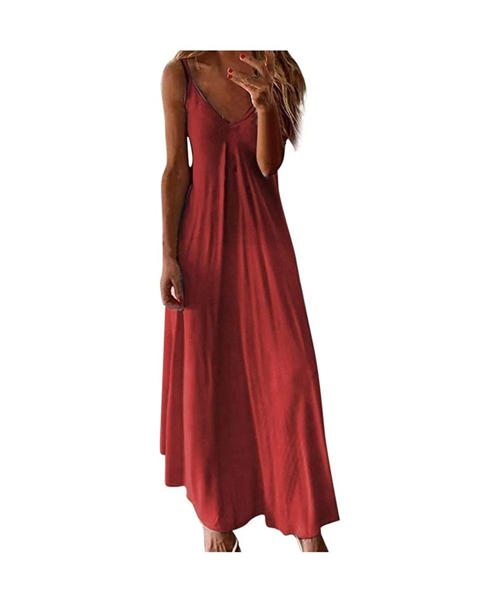 Cover-Ups Loose Plain Maxi Dresses Women's Short Sleeve Casual Long Dresses with Pockets - 1-red - CJ19DYMDKZL