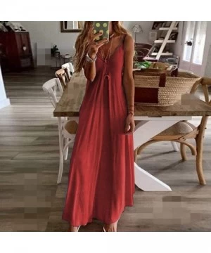 Cover-Ups Loose Plain Maxi Dresses Women's Short Sleeve Casual Long Dresses with Pockets - 1-red - CJ19DYMDKZL