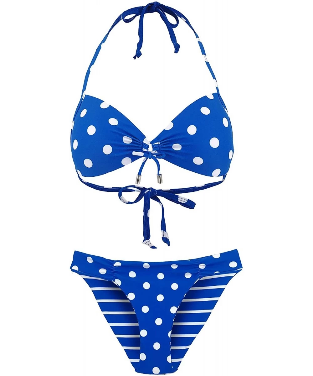 Sets Women's Halter Bikini Set Swimsuit Bathing Suit with Polka Dots Print - Blue - C818GAZWDLQ