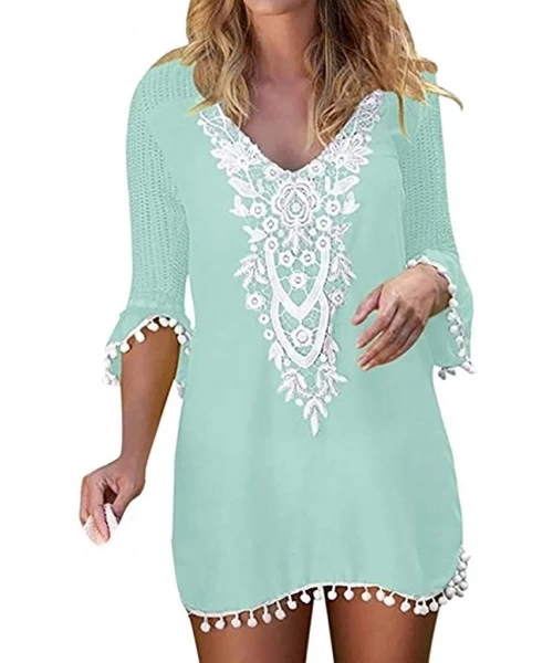 Cover-Ups Women Fashion Smock Pom Pom Trim Tassel Lace Crochet Swimwear Beach Cover Up Tops - Green - CX193X09US2