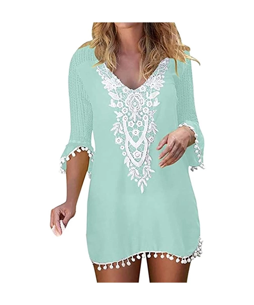 Cover-Ups Women Fashion Smock Pom Pom Trim Tassel Lace Crochet Swimwear Beach Cover Up Tops - Green - CX193X09US2