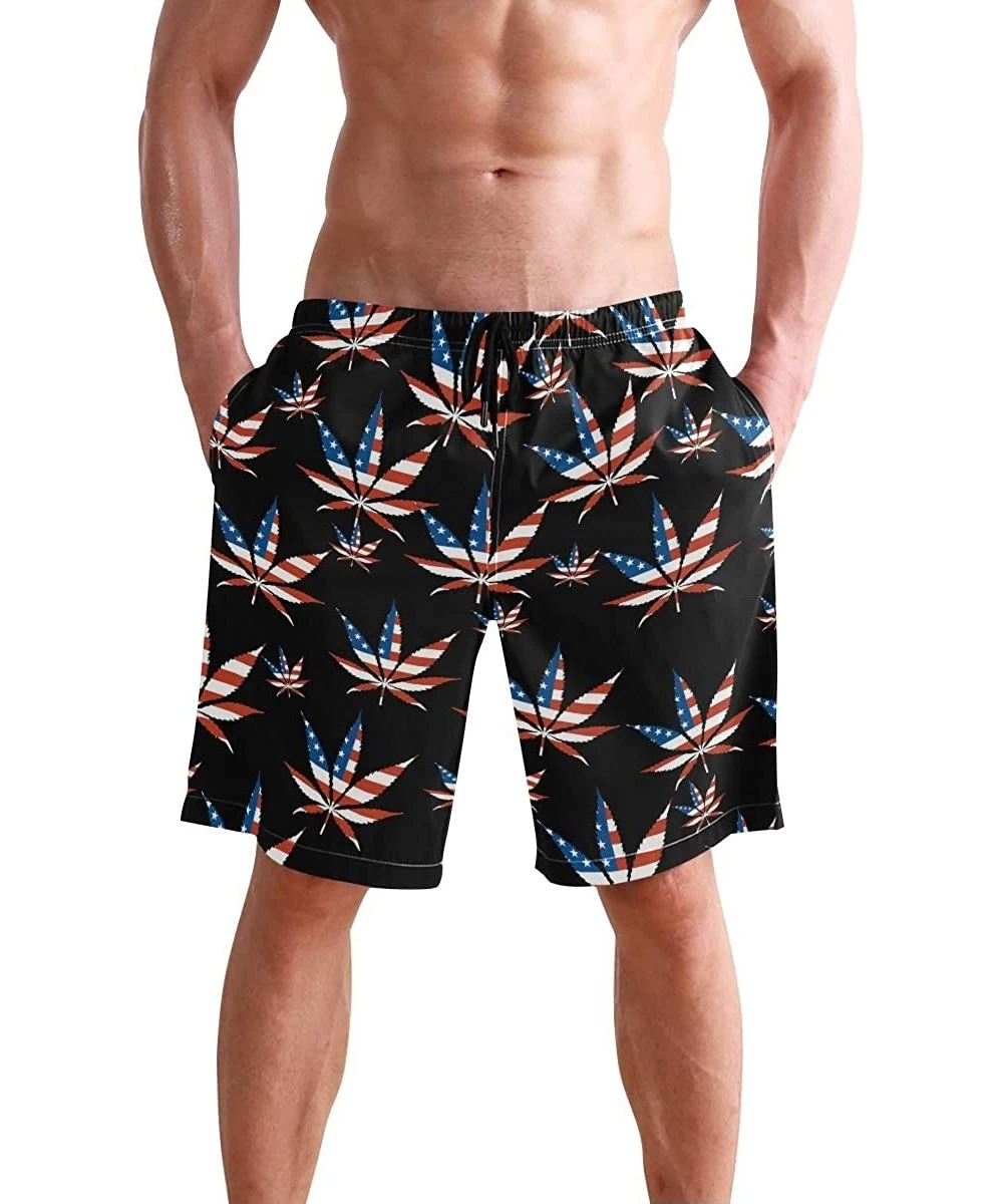 Trunks Pink Tropical Forest Flamingo Men's Swim Trunks Beach Shorts with Pockets - American Flag Pot Leaf - CR18Q6D8IA6