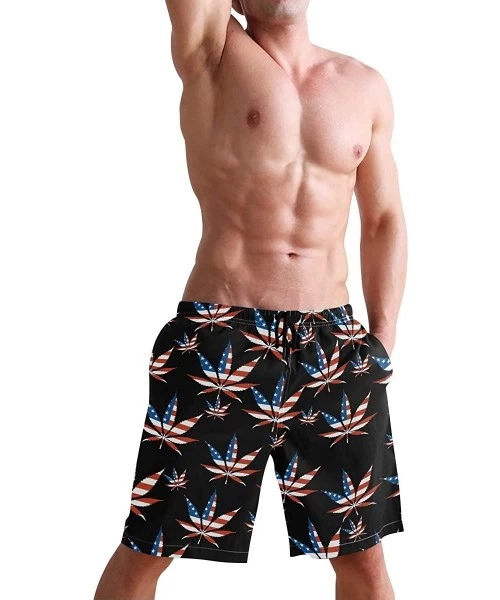 Trunks Pink Tropical Forest Flamingo Men's Swim Trunks Beach Shorts with Pockets - American Flag Pot Leaf - CR18Q6D8IA6