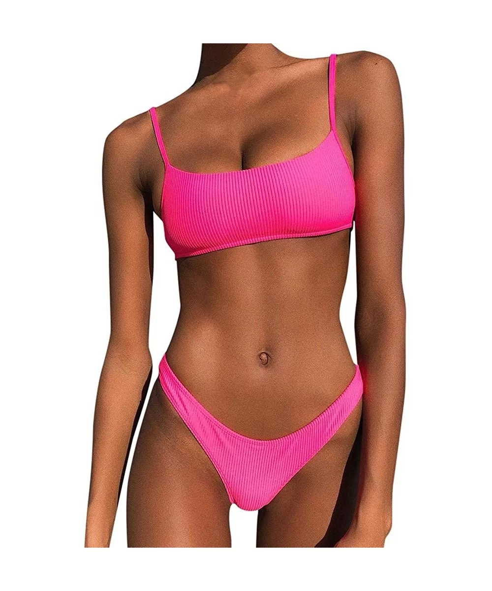 Sets Women Two Piece Push Up Printed Bikini Beach Bathing Monokini Swimsuit Swimwear - Hot Pink - CG197D9XKQ3