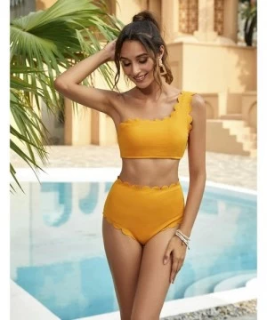 Sets 2 Piece One Shoulder Swimsuits for Women- High Waisted Bottom Scalloped Bikini Set- Petals Solid Wavy Edge Top Bathing S...