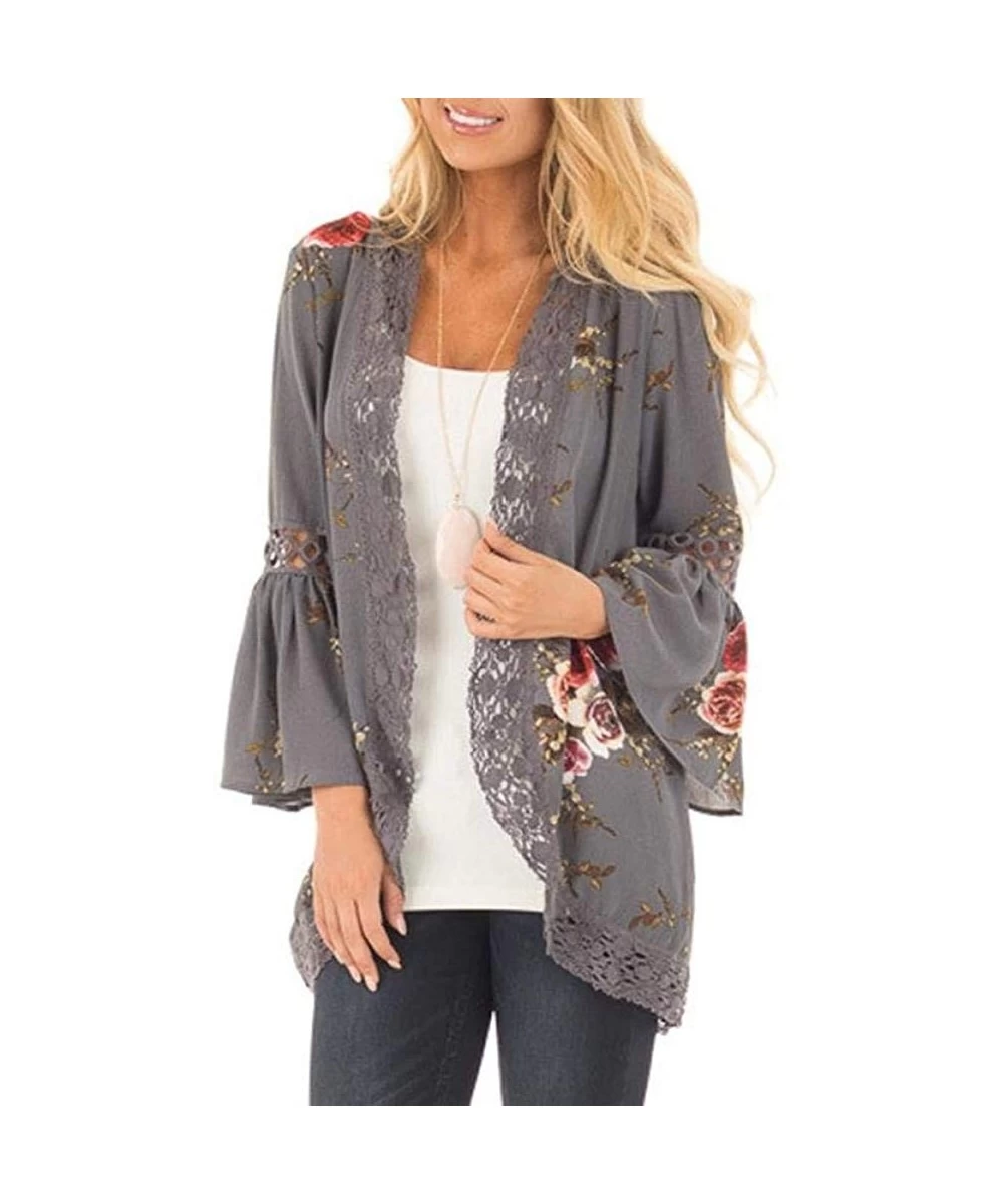 Cover-Ups Casual Chiffon Cardigan Long Sleeve Lace Kimono for Women Solid Blouse Tops - Gray B - C418I2UARO9