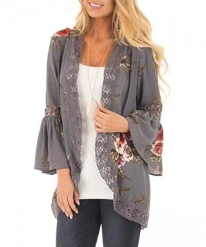 Cover-Ups Casual Chiffon Cardigan Long Sleeve Lace Kimono for Women Solid Blouse Tops - Gray B - C418I2UARO9