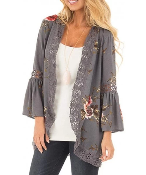 Cover-Ups Casual Chiffon Cardigan Long Sleeve Lace Kimono for Women Solid Blouse Tops - Gray B - C418I2UARO9