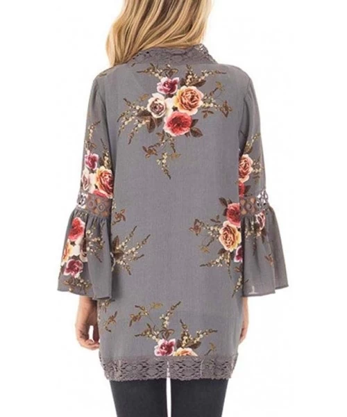 Cover-Ups Casual Chiffon Cardigan Long Sleeve Lace Kimono for Women Solid Blouse Tops - Gray B - C418I2UARO9