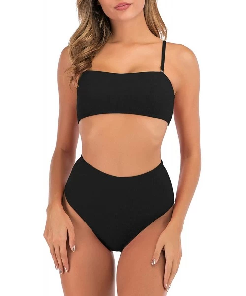 Sets Bikini for Women 2 Pieces Bandeau Bikini Swimsuits Off Shoulder High Waist Bathing Suit - Black - CI197LA46WC