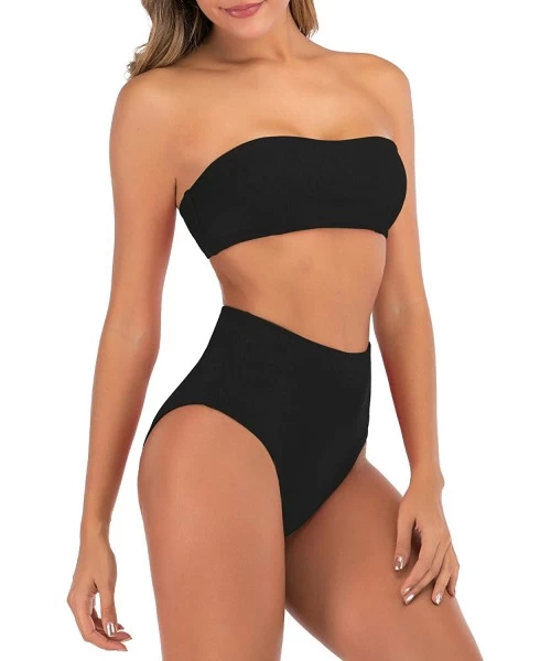 Sets Bikini for Women 2 Pieces Bandeau Bikini Swimsuits Off Shoulder High Waist Bathing Suit - Black - CI197LA46WC