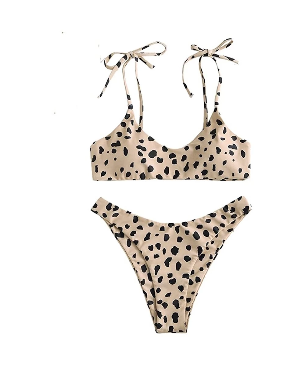 Sets Women Tie Shoulder Ribbed Bikini Set Padded Strap Swimsuit - Leopard Print - CX190KZ2U4O