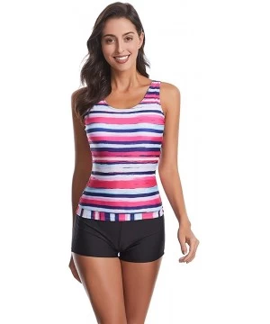 Tankinis Women's Tie Dye Stripes Print Tank Top Boyshorts Tankini Swimsuit - Pink - CA193TXXCO5