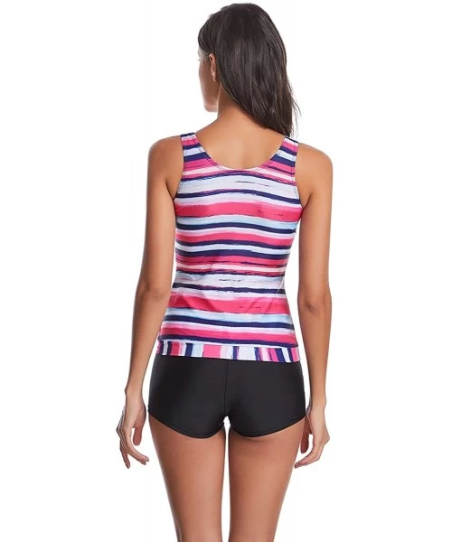 Tankinis Women's Tie Dye Stripes Print Tank Top Boyshorts Tankini Swimsuit - Pink - CA193TXXCO5