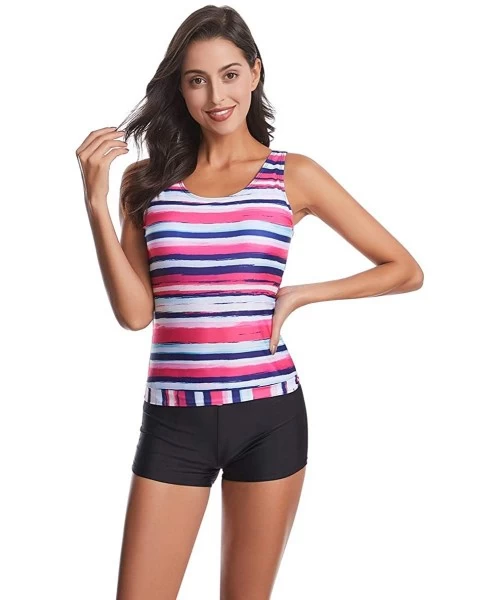 Tankinis Women's Tie Dye Stripes Print Tank Top Boyshorts Tankini Swimsuit - Pink - CA193TXXCO5