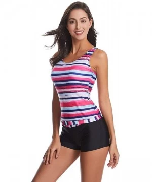 Tankinis Women's Tie Dye Stripes Print Tank Top Boyshorts Tankini Swimsuit - Pink - CA193TXXCO5