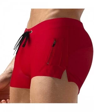 Trunks Mens Swimwear Short Swim Trunks with Zipper Pocket - Red 1 - C018EOWMO8I