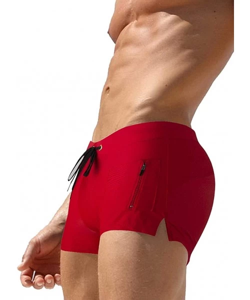 Trunks Mens Swimwear Short Swim Trunks with Zipper Pocket - Red 1 - C018EOWMO8I