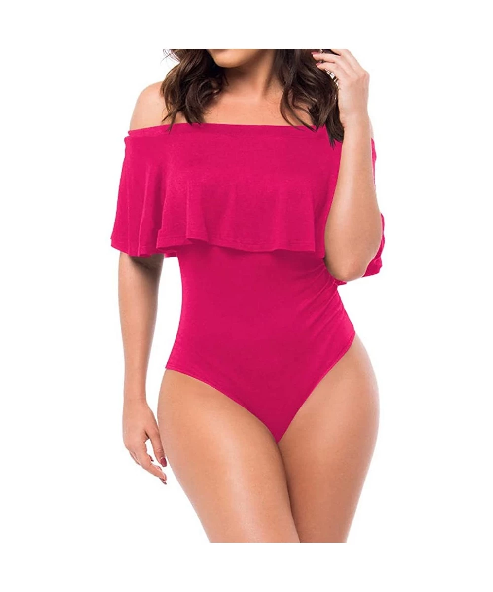 Sets Women's Off Shoulder Ruffle Bodysuit Leotards Rompers Jumpsuits - C-pink - CW190MUKR5I