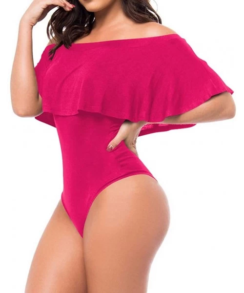 Sets Women's Off Shoulder Ruffle Bodysuit Leotards Rompers Jumpsuits - C-pink - CW190MUKR5I