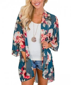 Cover-Ups Women Half Sleeve Floral Cover Up Chiffon Loose Sun Protection Cardigan Cover-Ups - Dark Green - CA18T8DS5M3