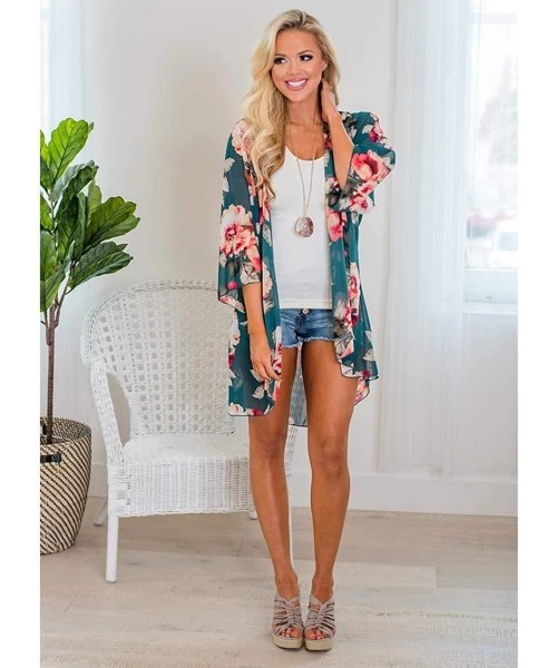 Cover-Ups Women Half Sleeve Floral Cover Up Chiffon Loose Sun Protection Cardigan Cover-Ups - Dark Green - CA18T8DS5M3