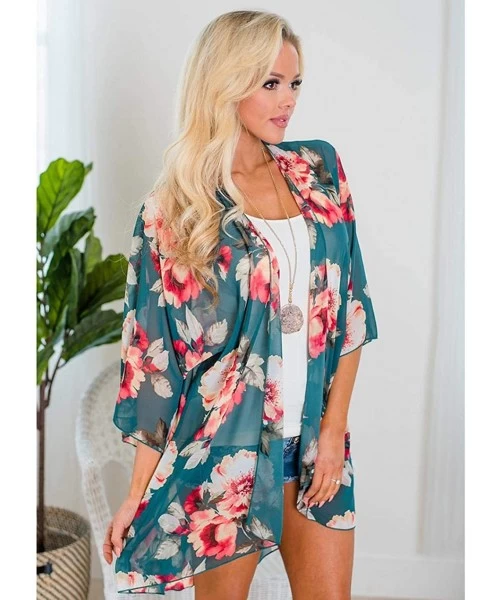 Cover-Ups Women Half Sleeve Floral Cover Up Chiffon Loose Sun Protection Cardigan Cover-Ups - Dark Green - CA18T8DS5M3