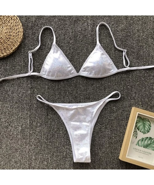 Sets Bikini Swimsuit Womens High Waist Bathing Suits Brazilian Thong Swimwear Triangle Two Pieces - Silver - CD194RDQXTQ