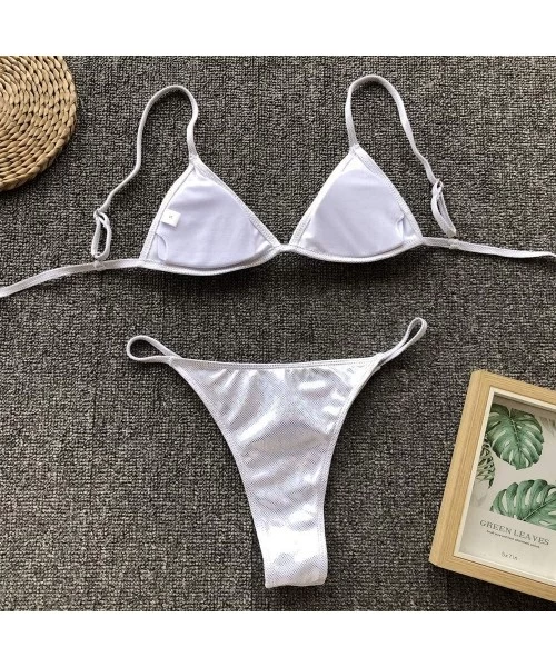 Sets Bikini Swimsuit Womens High Waist Bathing Suits Brazilian Thong Swimwear Triangle Two Pieces - Silver - CD194RDQXTQ