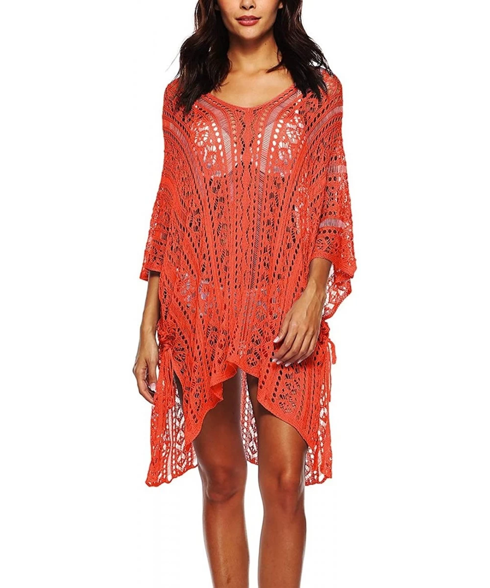 Cover-Ups Women's Crochet Lace Hollow-Out Cover up Bikini Swimwear Bathing Suit Beachwear - Orange - CS18LU2Z33O