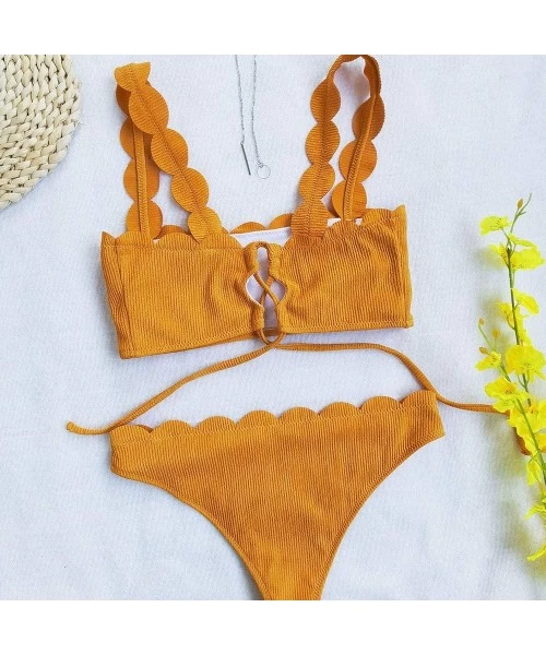 Sets Women Cut Flower high Elasticity Sexy Split Bikini Swimsuit - Orange - CV19CMGLC6N