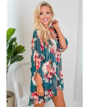 Cover-Ups Women Half Sleeve Floral Cover Up Chiffon Loose Sun Protection Cardigan Cover-Ups - Dark Green - CA18T8DS5M3