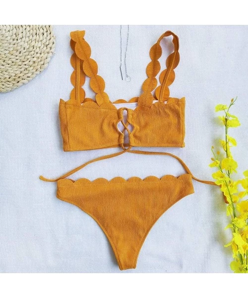 Sets Women Cut Flower high Elasticity Sexy Split Bikini Swimsuit - Orange - CV19CMGLC6N