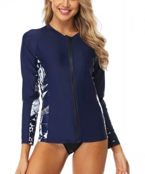 Tops Rash Guard Women Long Sleeve Rash Guard Shirt UPF 50+ Swimsuit Rash Guard Swimwear Top - Navy Printed - C1194MD0G6S