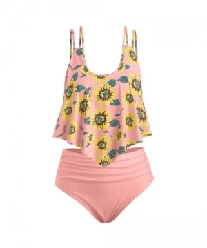 Sets Swimsuits for Women Tankini Set Two Pieces Sexy Sunflower Floral Print Ruffled Top Bikini Swimwear Bathing Suit Pink - C...