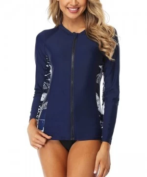 Tops Rash Guard Women Long Sleeve Rash Guard Shirt UPF 50+ Swimsuit Rash Guard Swimwear Top - Navy Printed - C1194MD0G6S