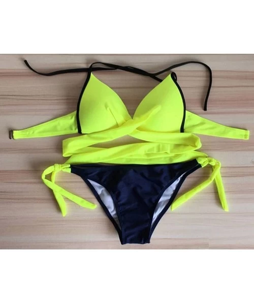 Sets Bikini Swimsuit Women Solid Push Up Solid Bandage Bikini Set Swimwear Swimsuit Beachwear - Yellow - CU18CA069MM