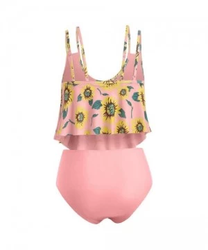 Sets Swimsuits for Women Tankini Set Two Pieces Sexy Sunflower Floral Print Ruffled Top Bikini Swimwear Bathing Suit Pink - C...