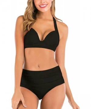 Sets Women's V Neck Bikini Set High Waisted Bathing Suits Ruched Halter Two Piece Swimsuit - Black - C31906N7OUL