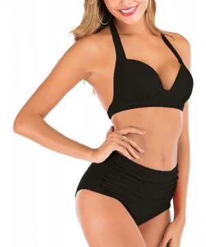 Sets Women's V Neck Bikini Set High Waisted Bathing Suits Ruched Halter Two Piece Swimsuit - Black - C31906N7OUL