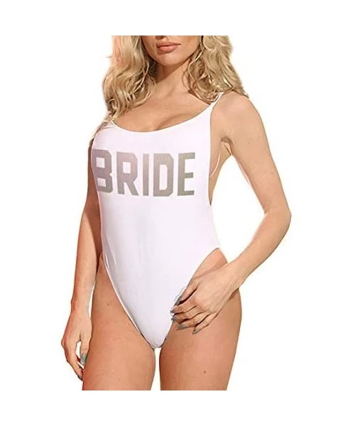 One-Pieces Bride High Cut Vintage Swimsuit - White and Silver - CQ18HOWW8DM